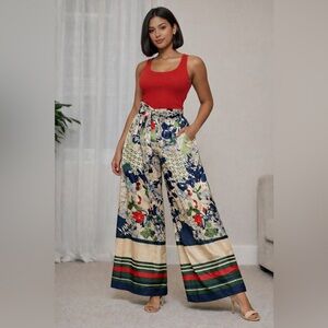 Floral Wide-Leg Palazzo Pants with Self-Tie Waist - Red / Navy